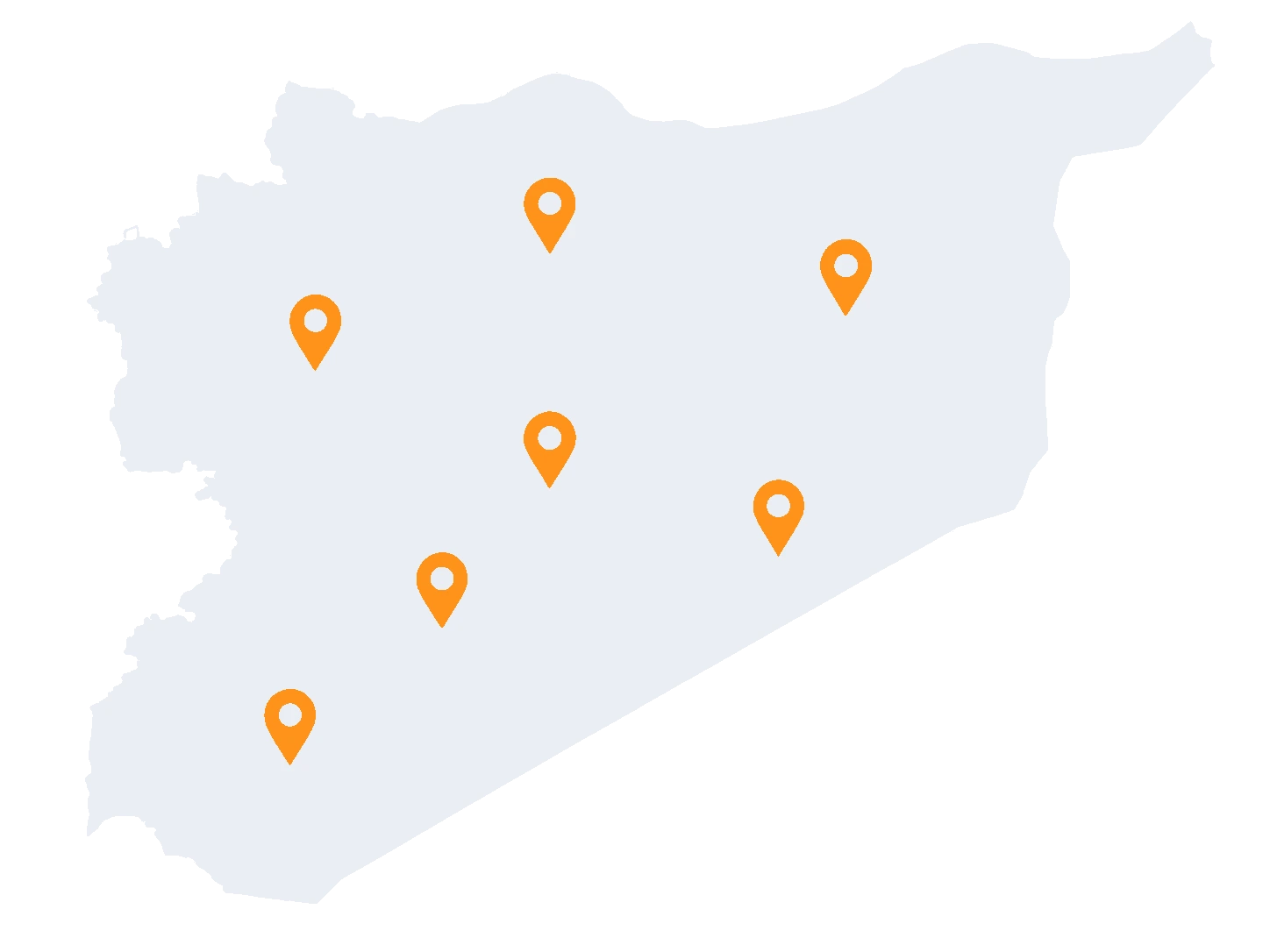 خريطة سوريا — مناطق خدمة مؤسسة قطان التجارية: دمشق وريف دمشق ودرعا حاليًا، مع توسّع نحو حلب واللاذقية